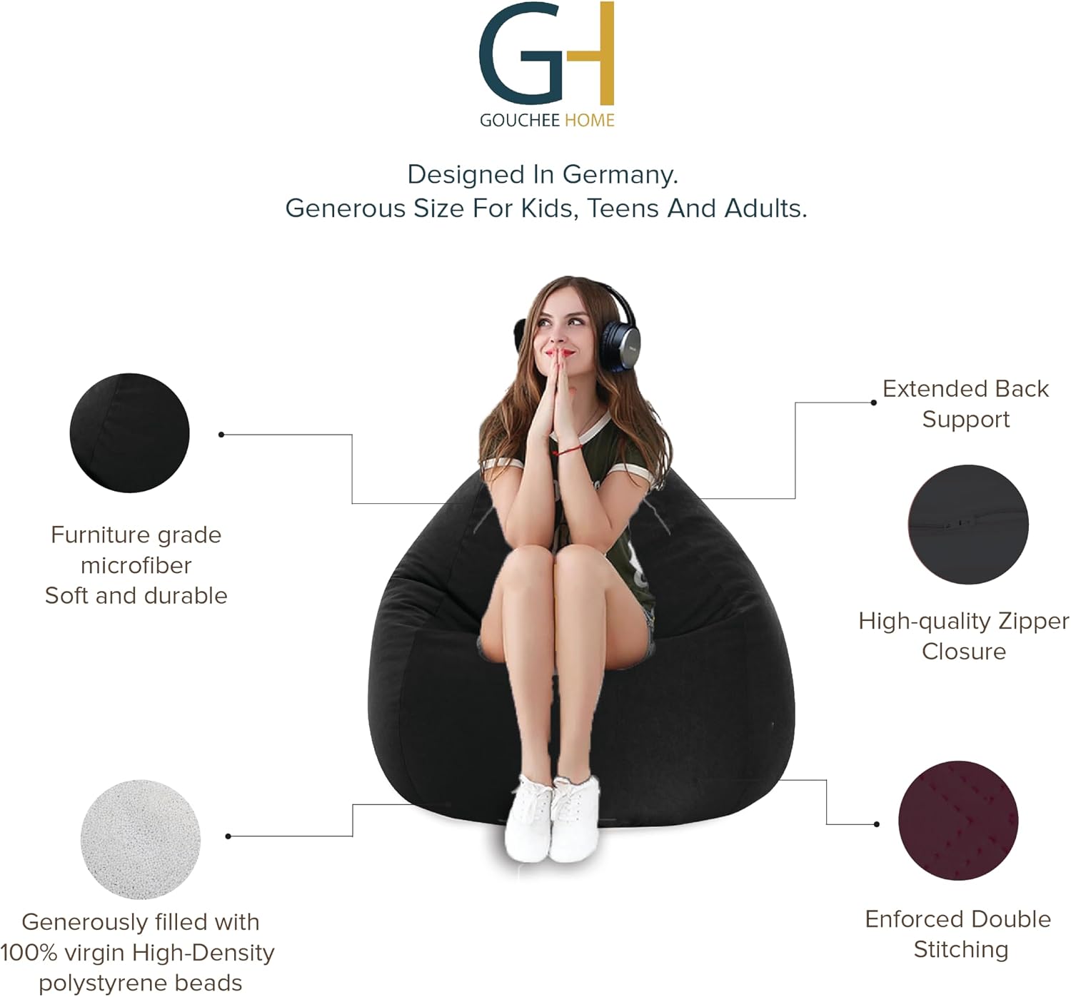 Gouchee Home Easy Collection Bean Bag Chair for Kids and Adults - Ink - Beanbag Couch for Indoor Living Spaces - Cozy Chair, Stylish, and Comfy Lazy Sofa Chair for Reading, Gaming, and More