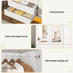 75"H Tall Modern 3 Doors Wooden Armoire Wardrobe Closet with 3 Drawers & 2 Mirror,Clothing Storage Cabinet with Hanging Rod,Bedroom Large Freestanding Armoires with Led Lights for Bedroom,White