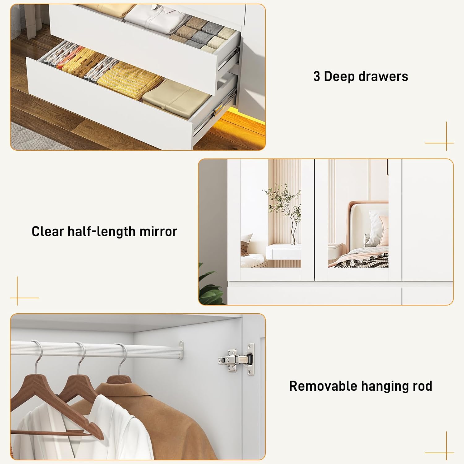 75"H Tall Modern 3 Doors Wooden Armoire Wardrobe Closet with 3 Drawers & 2 Mirror,Clothing Storage Cabinet with Hanging Rod,Bedroom Large Freestanding Armoires with Led Lights for Bedroom,White