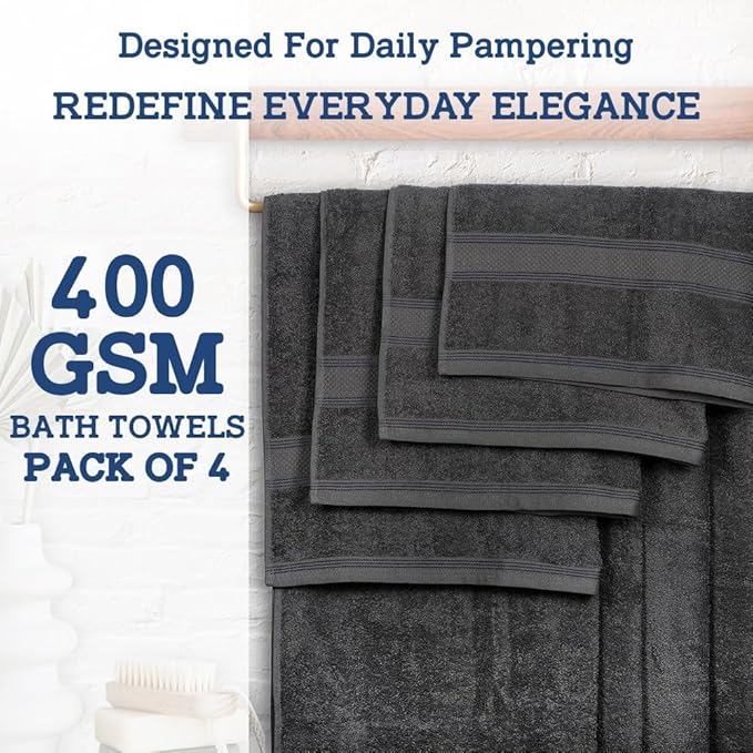 Casa Lino Charcoal Black Bath Towels Set of 4 (54" x 27") - Large Bathroom Towel Set - 100% Cotton Towels for Bathroom - Highly Absorbent & Quick Dry Bath Towel Multipack - New Apartment Essentials