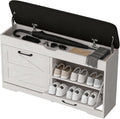 39" Shoe Storage Bench with Seat Cushion, Wood, Ash White | 8-Pair Shoe Capacity, 2 Doors, Comfortable Seating, Space-saving, Narrow Entryway Bench Ideal for Foyer, 330 lb Capacity