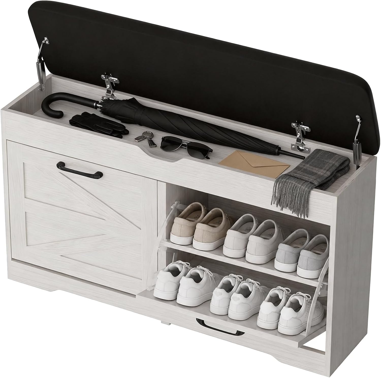 39" Shoe Storage Bench with Seat Cushion, Wood, Ash White | 8-Pair Shoe Capacity, 2 Doors, Comfortable Seating, Space-saving, Narrow Entryway Bench Ideal for Foyer, 330 lb Capacity