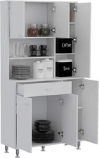90 Kitchen Pantry Cabinet with Open Shelves, Drawer & Multiple Cabinets, White, Functional Storage for Kitchenware