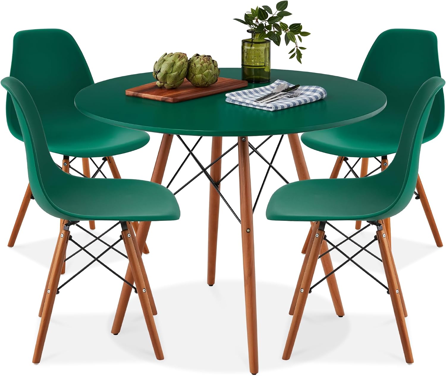 Best Choice Products 5-Piece Dining Set, Compact Mid-Century Modern Table & Chair Set for Home, Apartment w/ 4 Chairs, Plastic Seats, Wooden Legs, Metal Frame - Dark Green/Walnut