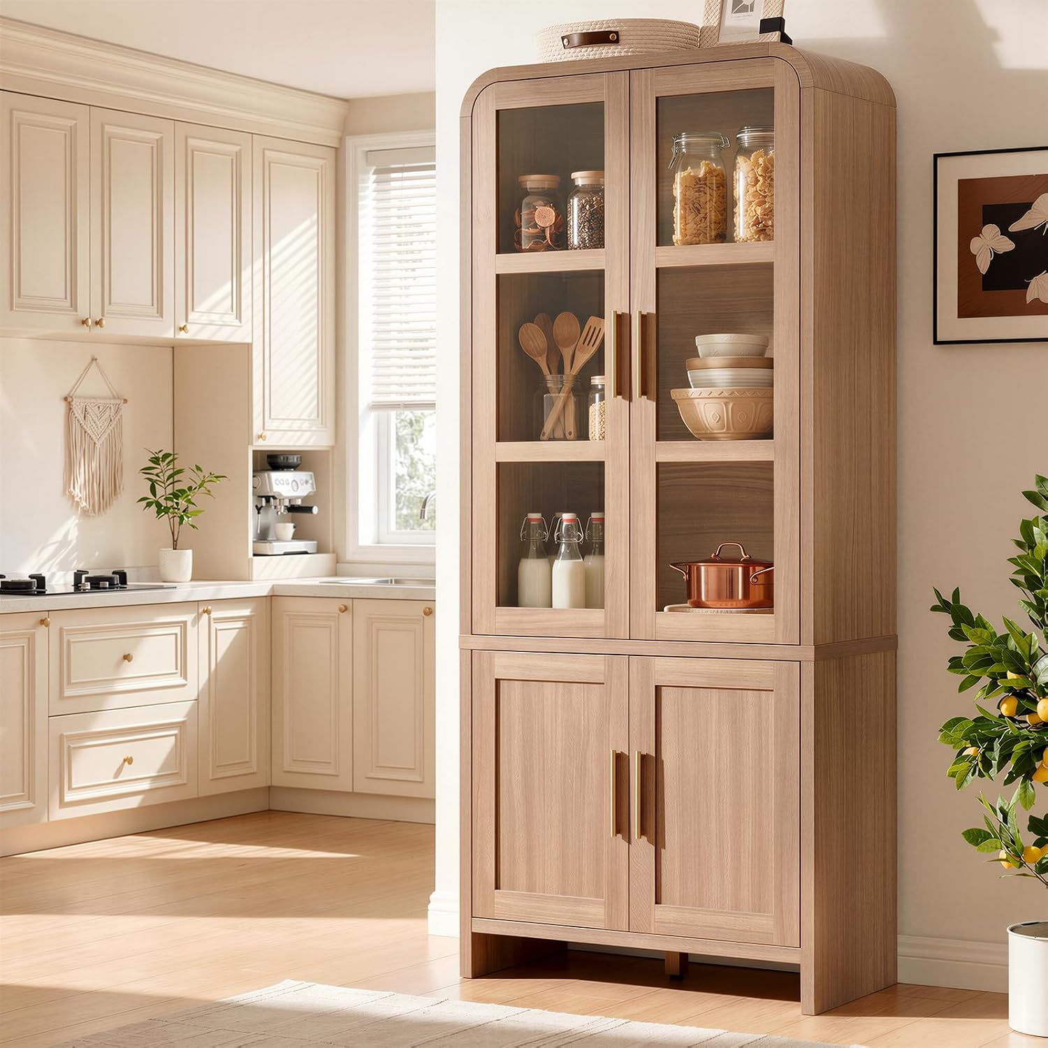 77" Tall Kitchen Pantry Cabinet,Thickened Panel,Oak,1Pcs | Wooden Curved Storage Cabinets with Adjustable Shelf, Cupboard with Glass Door for Dining Room, Living Room, Bathroom