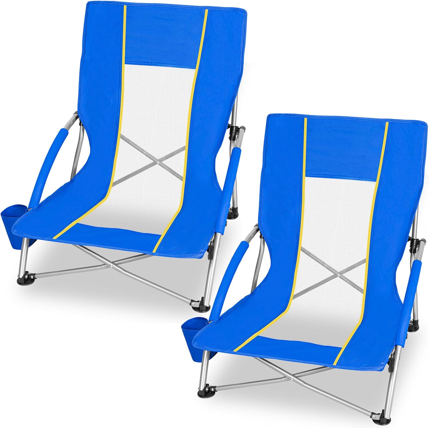 Romswi 2 Pack Lightweight Low Beach Chairs with Breathable Mesh Back, 6LBS Folding Portable Sand Chairs with Cup Holder, Heavy Duty 300lbs Capacity for Camping & Outdoor Use, Blue
