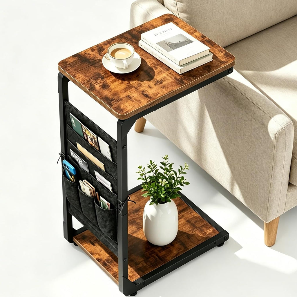 Wood Pedestal TV Trays for Eating on Couch Tables that Slide Under, Dinner Food Drink C Shaped End Sofa Side Table Stand, Small TV Tray Tables for Couches Over Recliner Chair Arm, Living Room ET-P-BR1