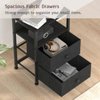 End Table with Charging Station & USB Ports, Rustic Nightstand with Fabric Drawers and Storage Shelf, Sofa Bed Side Table, Narrow Entryway Table for Bedroom Living Room, Black