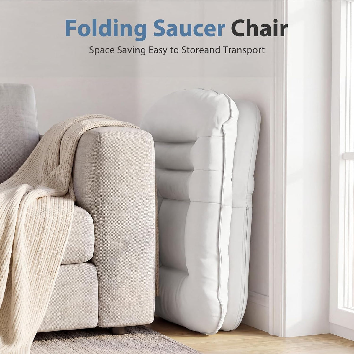 DUMOS Comfy Saucer Chair, Small Foldable Floor Chair, PU Leather | Adjustable Back Support, Bedroom, Living Room, Dorm Gaming, Small Spaces Apartment, Adults, Creamy White