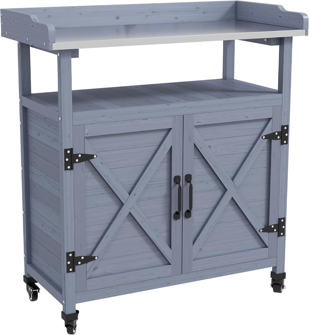 34" Rustic Freestanding Storage Chest, Accent Cabinets with Rubber Wheels, Utility Organizer with Aluminum Table Top for Patio, Gray