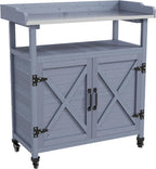 34" Rustic Freestanding Storage Chest, Accent Cabinets with Braked Wheels, Utility Organizer with Rust-Resistant Top for Patio, Gray