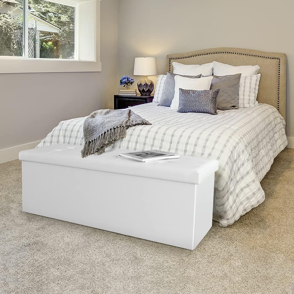 Camabel 43 Inch Folding Storage Ottoman Bench 120L Hold up 700lbs Ottoman with Storage Chest Foam Seat Padded Foot Rest Stool Faux Leather Bedroom Bench Coffee Table White