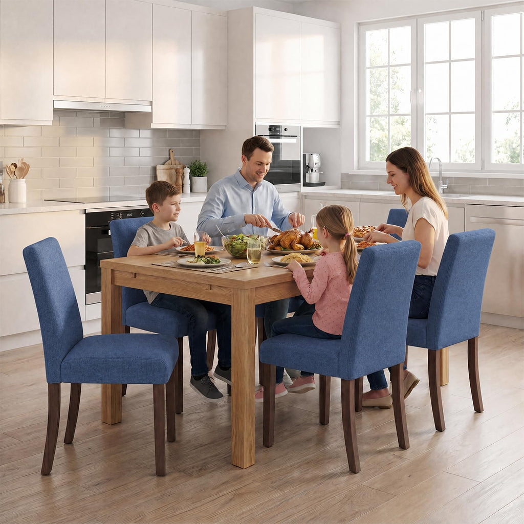 Upholstered Dining Chairs Set of 4, Mid-Century Dining Room Chairs with Wooden Legs, Farmhouse Fabric Parsons Chairs for Small Space Restaurant & Cafe- Blue