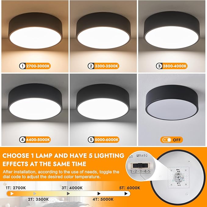 Dimmable Modern Flush Mount Ceiling Light Fixture,Matte Black Round LED Lights Fixtures,5CCT 2700K-6000K Lighting for Kitchen Hallway Bedroom Laundry Room Hall Entryway Closet Bathroom 11.8in