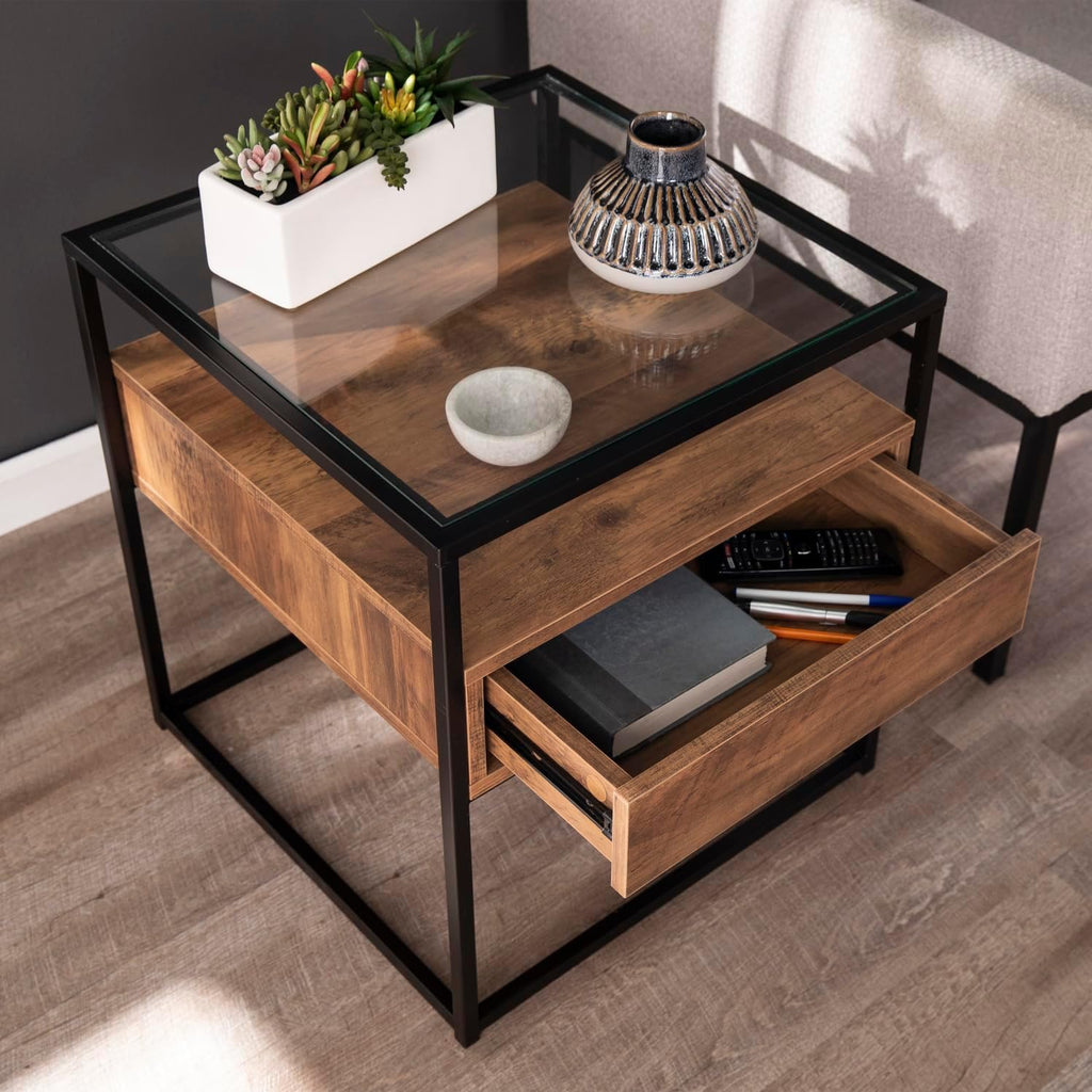 HomeStock Glass Top End Table with Drawer & Shelf - Industrial Accent Table - 20" Square