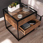 HomeStock Glass Top End Table with Drawer & Shelf - Industrial Accent Table - 20" Square