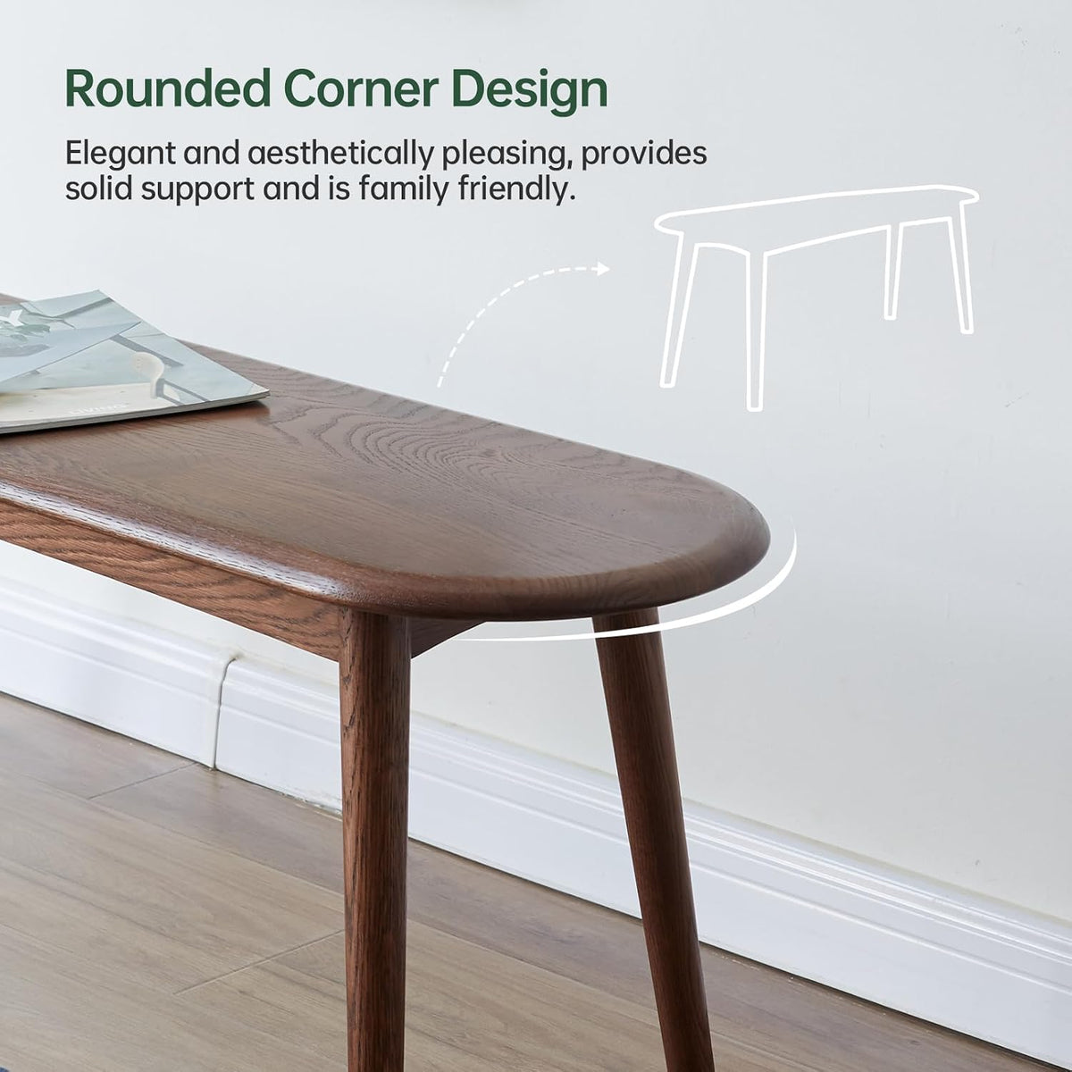 100% Solid Oak Wood Dining Bench, 39.5'' Entryway Bench Ottoman with Rounding Corner Design for Kitchen Living Room Bedroom, Walnut