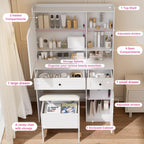 Vanity Table with Hidden Storage & LED Mirror - Includes Padded Stool, 5 Compartments, 2 Drawers & 1 Storage Cabinet - Ideal Bedroom Makeup Dressing Table White