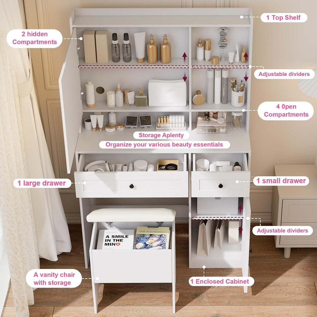 Vanity Table with Hidden Storage & LED Mirror - Includes Padded Stool, 5 Compartments, 2 Drawers & 1 Storage Cabinet - Ideal Bedroom Makeup Dressing Table White