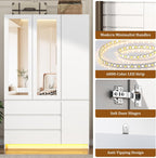 75"H Tall Modern 3 Doors Wooden Armoire Wardrobe Closet with 3 Drawers & 2 Mirror,Clothing Storage Cabinet with Hanging Rod,Bedroom Large Freestanding Armoires with Led Lights for Bedroom,White