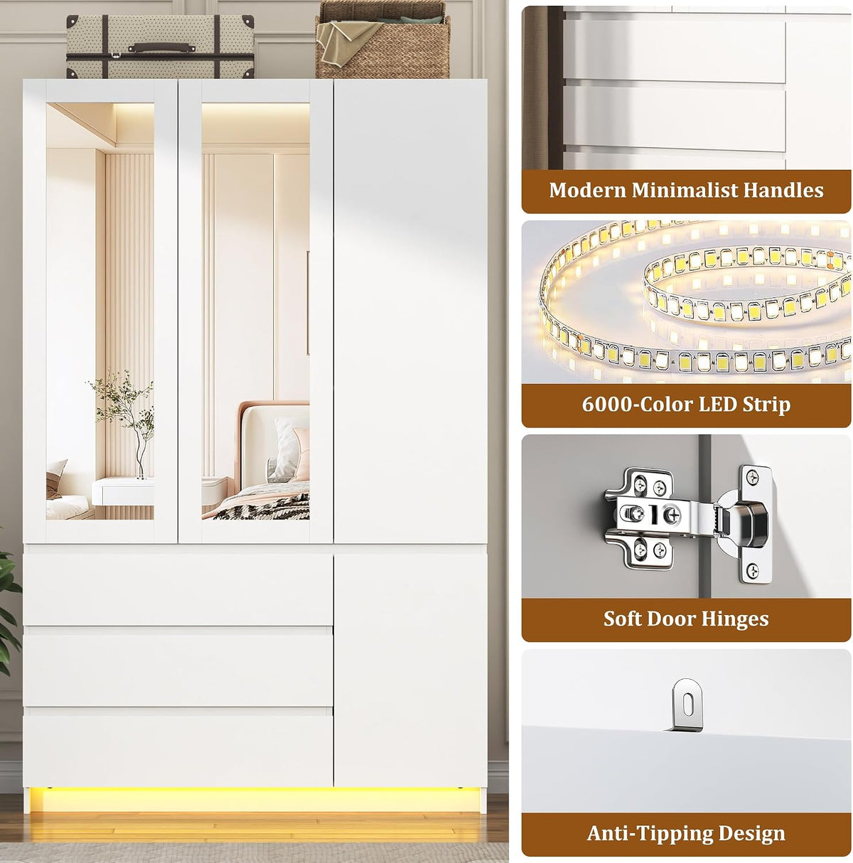 75"H Tall Modern 3 Doors Wooden Armoire Wardrobe Closet with 3 Drawers & 2 Mirror,Clothing Storage Cabinet with Hanging Rod,Bedroom Large Freestanding Armoires with Led Lights for Bedroom,White