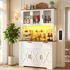 Unikito 71" Tall Pantry Cabinet, Kitchen Pantry Storage Cabinet with Charging Station & LED Lights, Freestanding Microwave Stand Coffee Bar Hutch with Drawers & DIY Pegboard for Dining Room, White