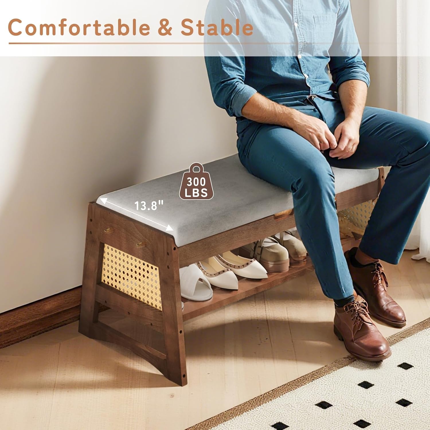 Shoe Rack Bench with Flip-Top Storage, 27.6" W x 15.7" H Solid Wood Entryway Bench Shoe Organizer with Cushion Side Hooks for Front Door Entrance Hallway Foyer Closet Living Room Bedroom