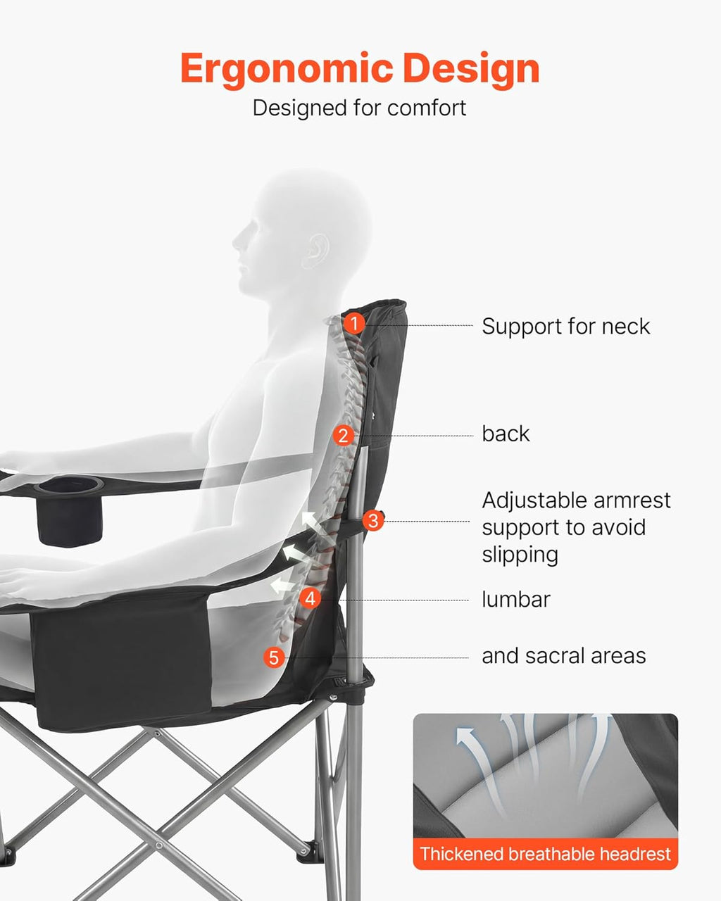 VEVOR Oversized Camping Folding Chair, Portable Heavy Duty Outdoor Quad Lumbar Back Padded with Side Pockets, Cup Holder and Cooler Bag for Beach, Lawn, Picnic, Fishing, Backpacking, 2 Pack