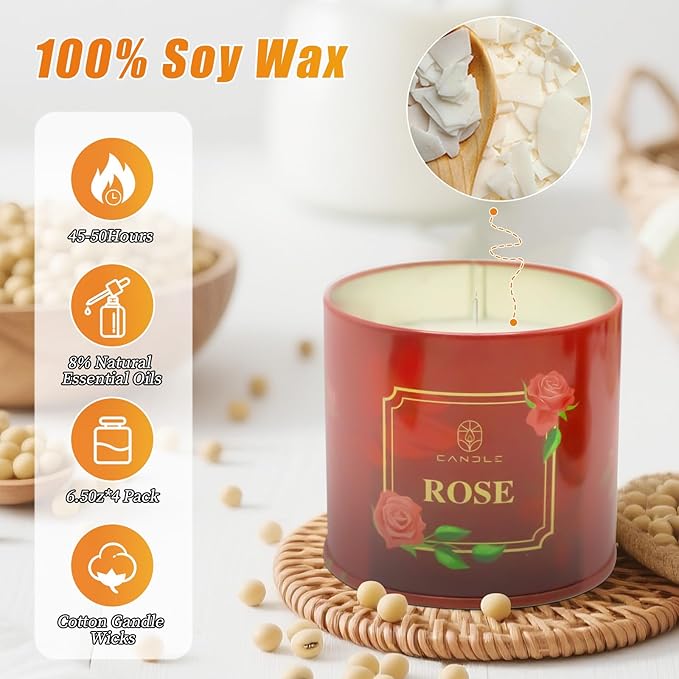 Scented Candles Gift for Women,4 Pack Natural Soy Wax Candles Long Lasting Rose Lavender Sandalwood Apple Cinnamon Fragrance Gift for Mothers Day, Birthday, Thanksgiving Day, Christmas, Valentines Day