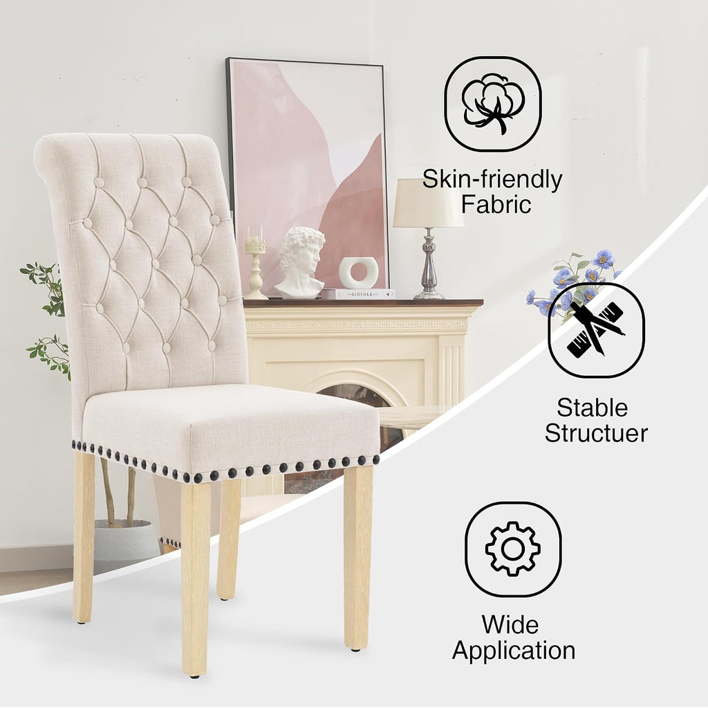adochr Dining Chairs Set of 2, Linen Armless Parsons Chairs,Beige | Wooden Legs&Tufted Buttons, Upholstered Dining Room Chair for Kitchen/Dining/Living Room
