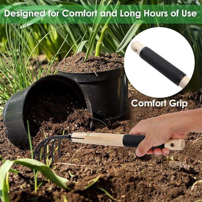 15inch Wood Hand Japanese Claw Rake NonSlip Rubber Handle, Military Grade Steel 5 Tine Cultivator Gardener for Pulverized and Aerated Soil