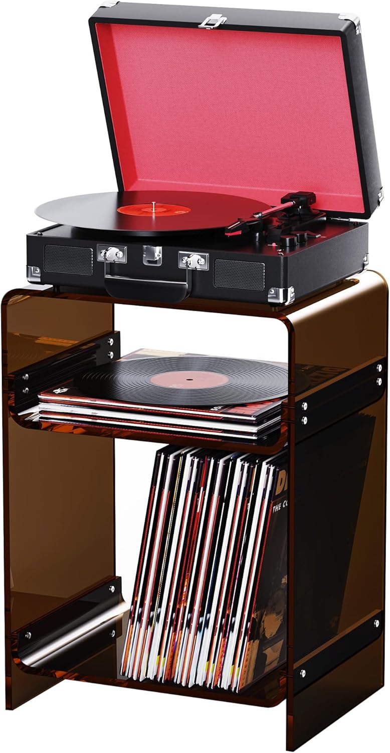 Acrylic Record Player Table with Storage Shelf, Clear Side Table Nightstand (Dark Brown, Medium)