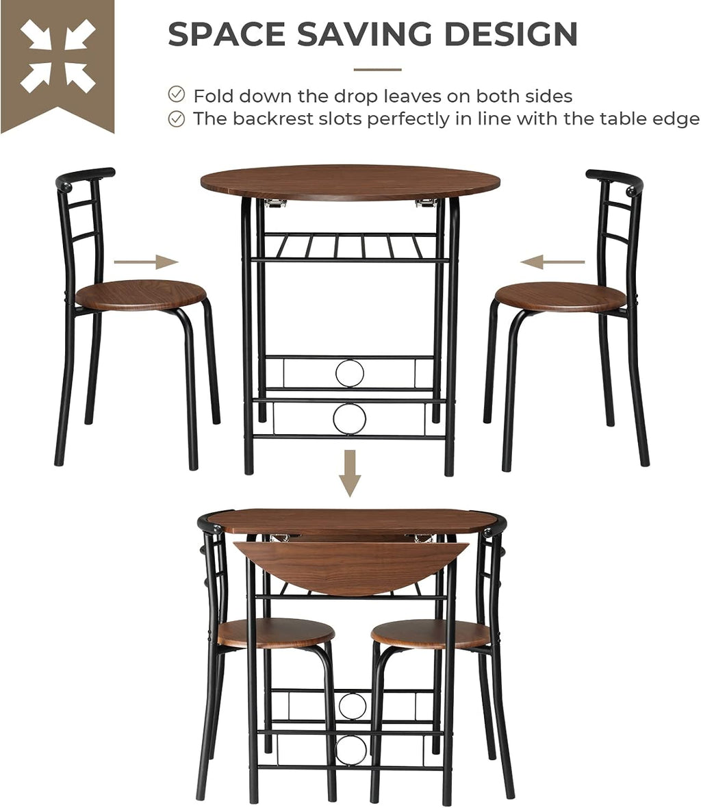 VINGLI 31.5" Drop Leaf Dining Table Set for 2, 3 Pieces Dining Table with Chair for Small Space, Small Kitchen Extendable Folding Dining Table for Dining Room，Home, Apartment, Saving Places, Walnut