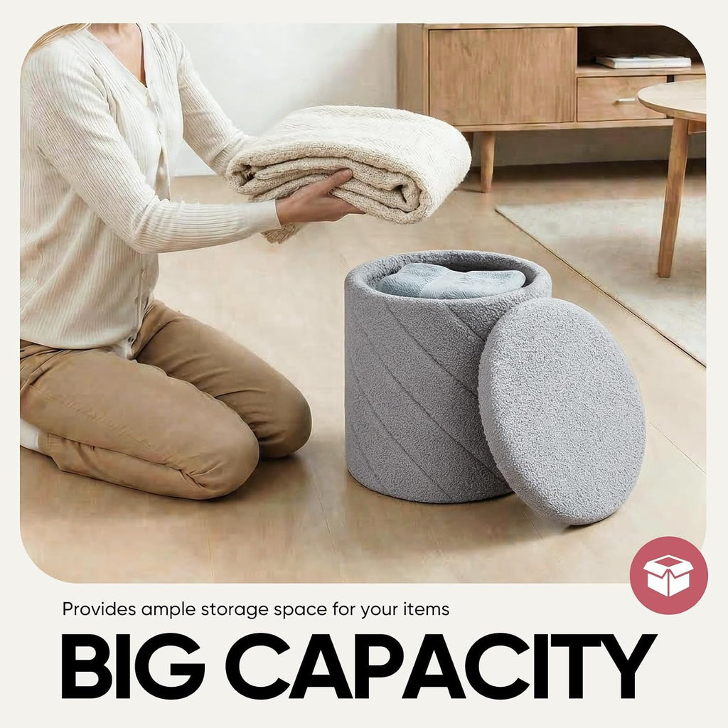 13" Foldable Boucle Round Storage Ottoman,Space-Saving Footrest/Seating/Coffee Table for Small Apartments,Dorms & Bedrooms-Grey