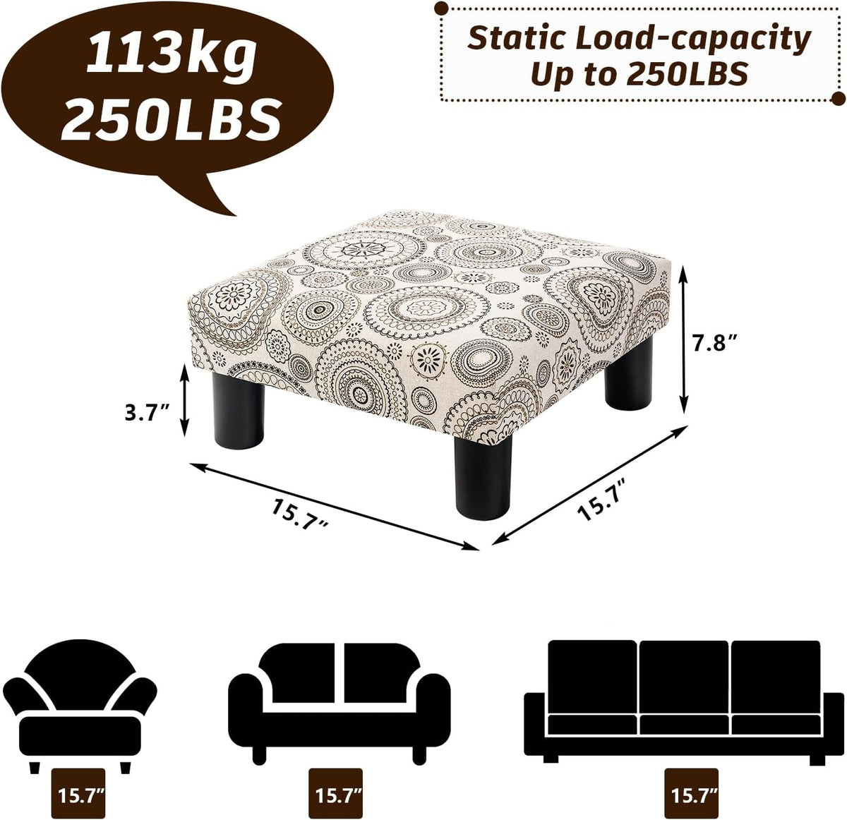 Joveco Small Foot Rest Stool Ottoman, Square Upholstered Fabric Footstool for Couch, Under Desk, Office, Living Room, Printing Beige
