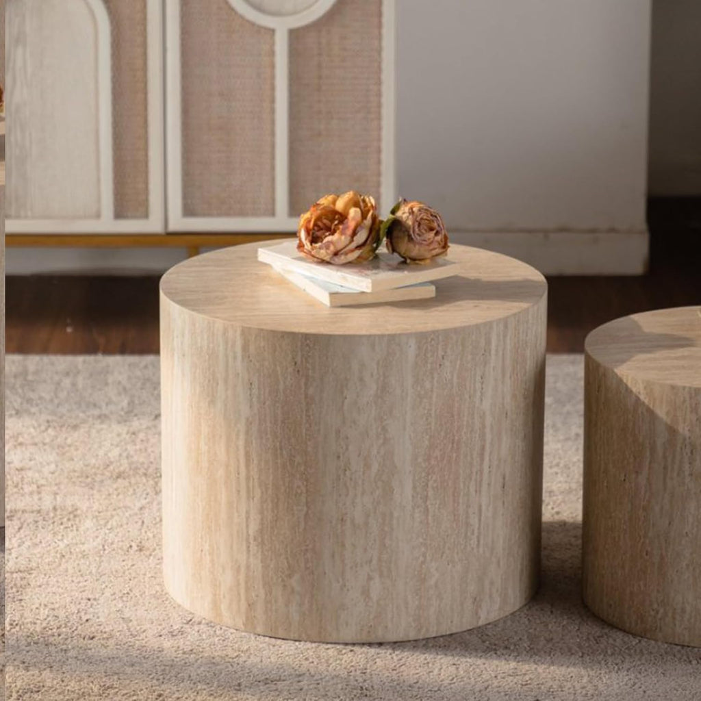 Retro Nesting Coffee Table Set of 2, 33.86" Round Wood Coffee Tables, Circle Modern Accent End Side Table for Small Space Living Room