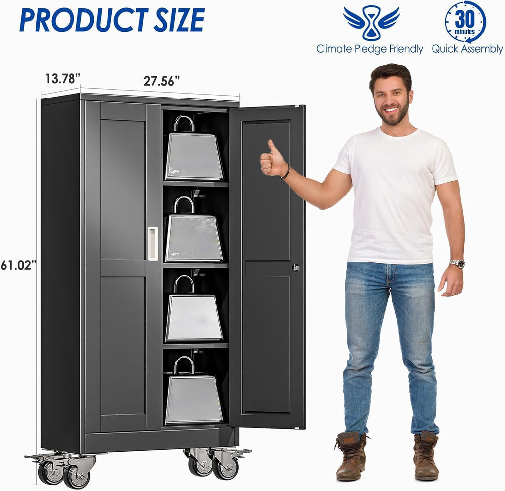 GAIOUS Metal Garage Storage Cabinet with Lock, 61” Tall Lockable File Cabinet with Wheels, Steel Tool Cabinet with 2 Door and 3 Adjustable Shelves, Rolling Cabinet for Home Office Garage Gym - Black