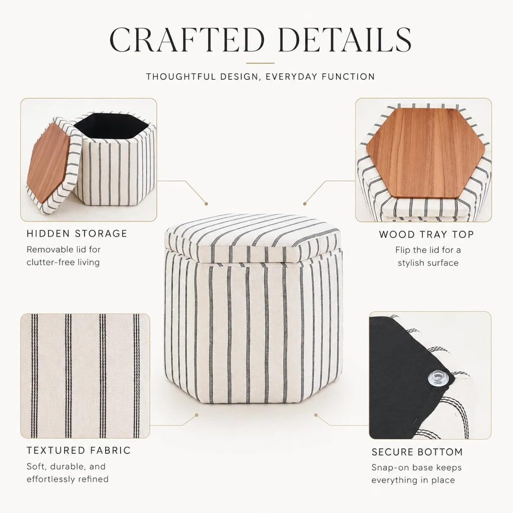 Wimarsbon 18inch Storage Ottoman with Detachable Tray, Multifunctional Mid Century Large Capacity Oversized Striped Boho Unique Linen Ottomans (Hexagon)