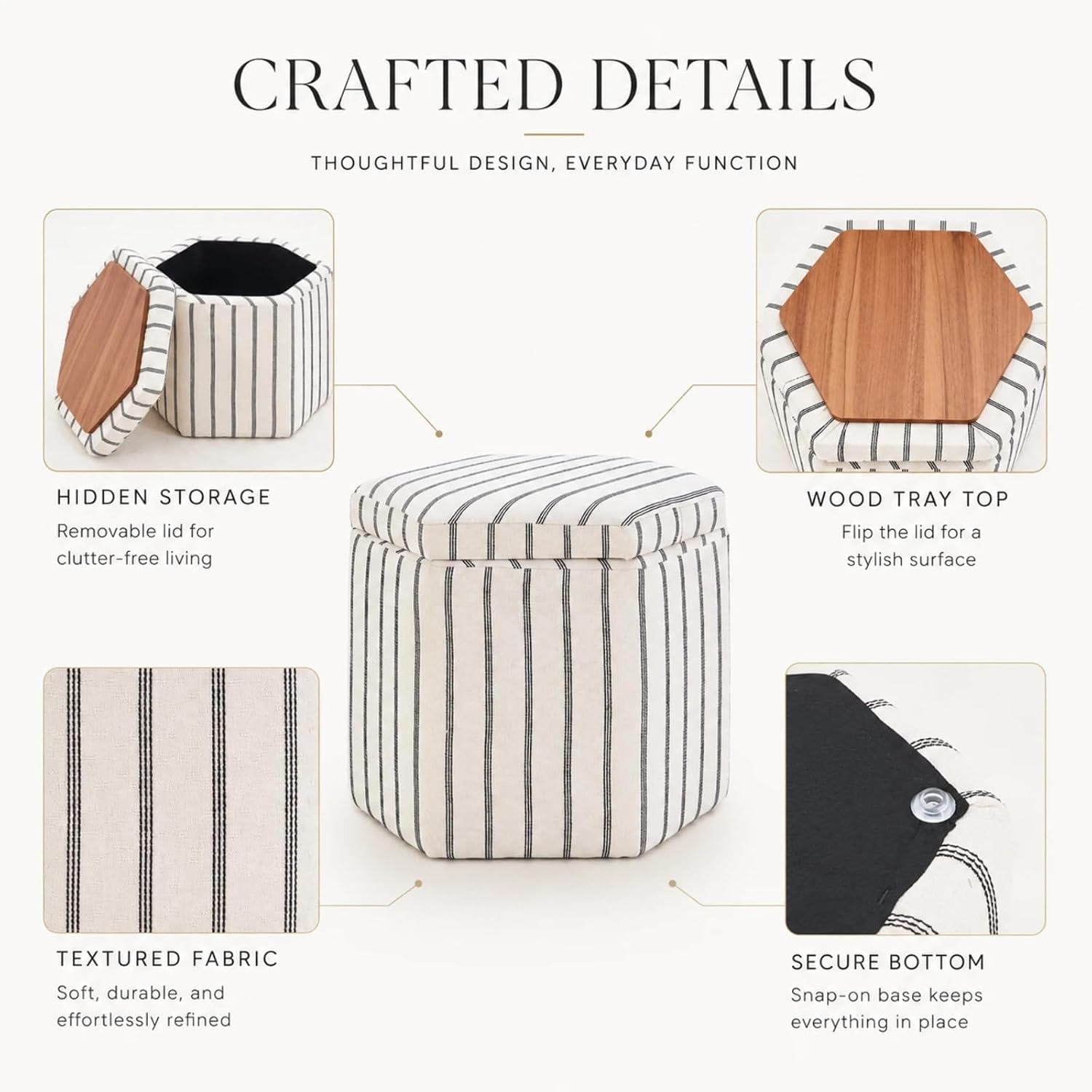 Wimarsbon 18inch Storage Ottoman with Detachable Tray, Multifunctional Mid Century Large Capacity Oversized Striped Boho Unique Linen Ottomans (Hexagon)