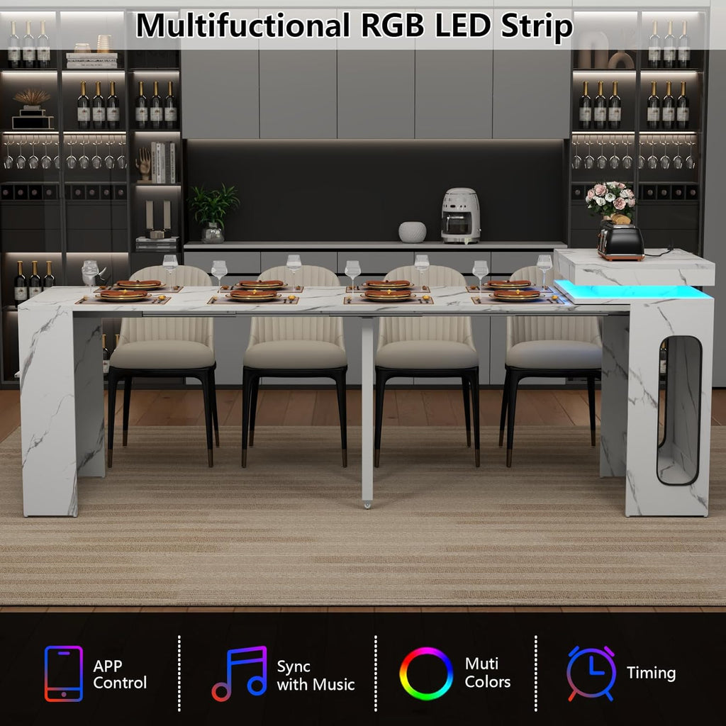 Extendable Dining Table with Charging Station, Convertible Folding Console Table for 6-8 People, Space-Saving Dining Table with LED Lights, Wood Rectangle Kitchen Table, Marble White (No Chairs)