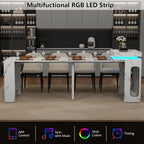 Extendable Dining Table with Charging Station, Convertible Folding Console Table for 6-8 People, Space-Saving Dining Table with LED Lights, Wood Rectangle Kitchen Table, Marble White (No Chairs)