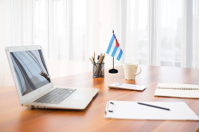 Cuba Cuban Deluxe Desk Flag Set, Small Mini Miniature Cuba Cuban Table Desktop Flags With Solid Pole, Black Base and Spear Top(2 Pack)