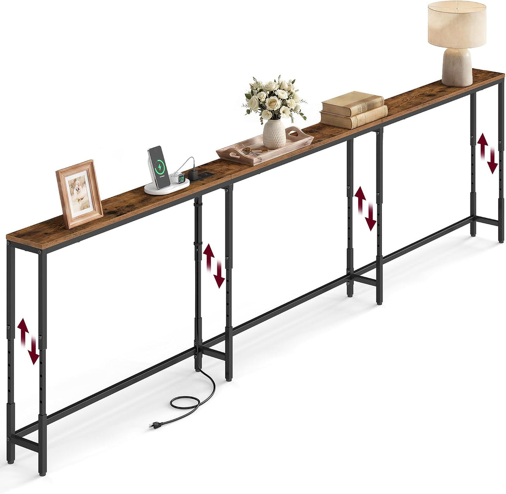 VASAGLE 106.3"Console Table, 25.2-35.2"Height Adjustable, with Power Outlet | Narrow Behind Couch Table, Sofa Table Easy Assembly, Rustic Brown and Matte Black, BARNET Collection ULNT189K101