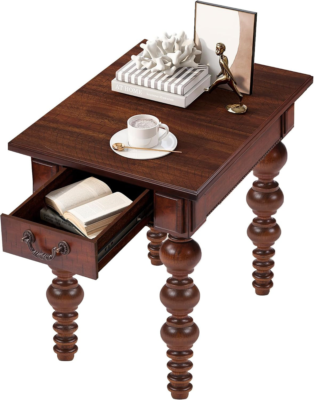 LKTART Wood End Table, Vintage Narrow Sofa Side Table with Storage Drawer, Bedside Table with Turned Wood Spindle Legs for Living Room Bedroom Small Space Home Office, No-Tools Assembly(Walnut)