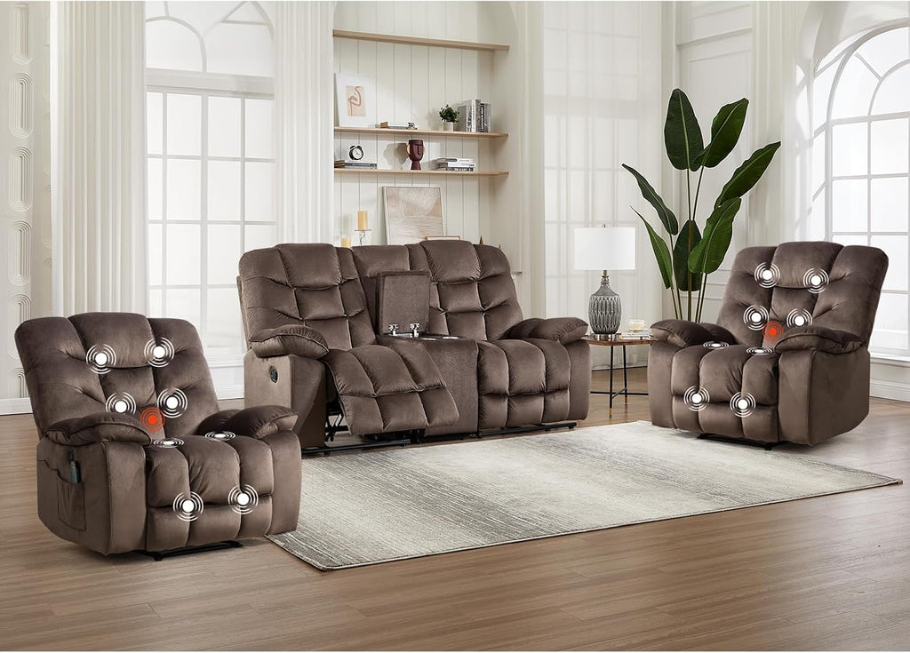 HAOMARKETS 3 Pieces Recliner Sofa Furniture Set, Include 2 Power Recliner Chairs with Message&Heat and a Manual Loveseat with Hidden Storage and Cup Holders for Living Room, Brown