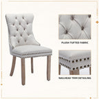Linen Dining Chairs Set of 2, Tufted Upholstered High Wingback Chairs with Nailhead Trim & Pull Ring, Solid Wood Legs in Weathered Finish for Dining Room, Sillas de Comedor, Beige