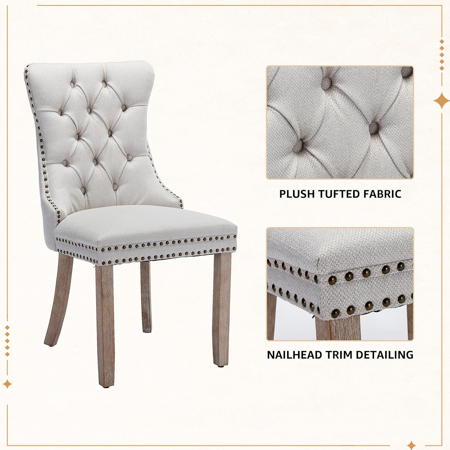 Linen Dining Chairs Set of 2, Tufted Upholstered High Wingback Chairs with Nailhead Trim & Pull Ring, Solid Wood Legs in Weathered Finish for Dining Room, Sillas de Comedor, Beige