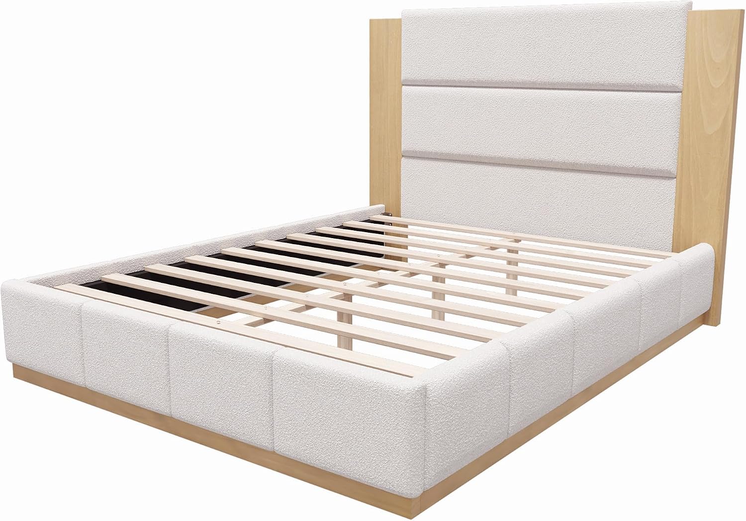 GDFStudio Queen Size Upholstered Platform Bed Frame with Extended Wood Headboard, 49'' Tall High Headboard Modern Bed Frame, Wood Plinth Base, No Box Spring Needed, Easy Assembly, White Boucle