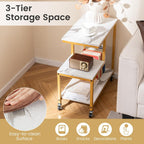 Giantex 3-Tier Side Table with Wheels, G-Shaped Mobile End Table with Open Shelves & Metal Frame, Rolling Sofa Couch Table for Living Room Bedroom Office, White & Gold