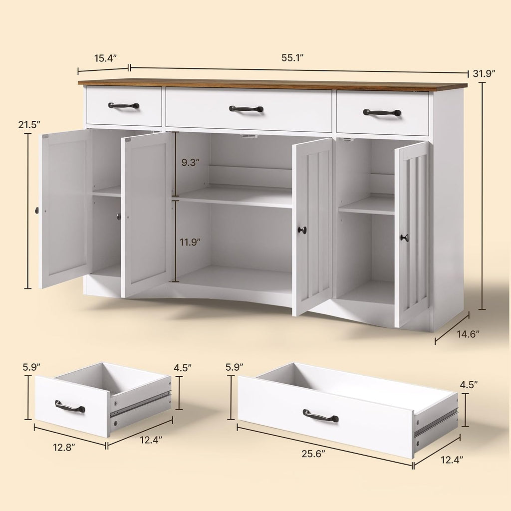 Gizoon Sideboard Buffet Cabinet with Storage, Modern Kitchen Sideboard and Coffee Bar with Drawers and Doors, Wood Buffet Table for Dining Room, 15.2" D x 55.1" W x 31.9" H, White/Rustic Brown
